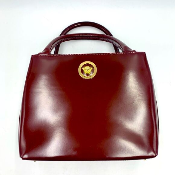 Auth Gianni Versace Small Bordeaux Enamel Top Handle Bag Structured Satchel - Picture 5 of 9